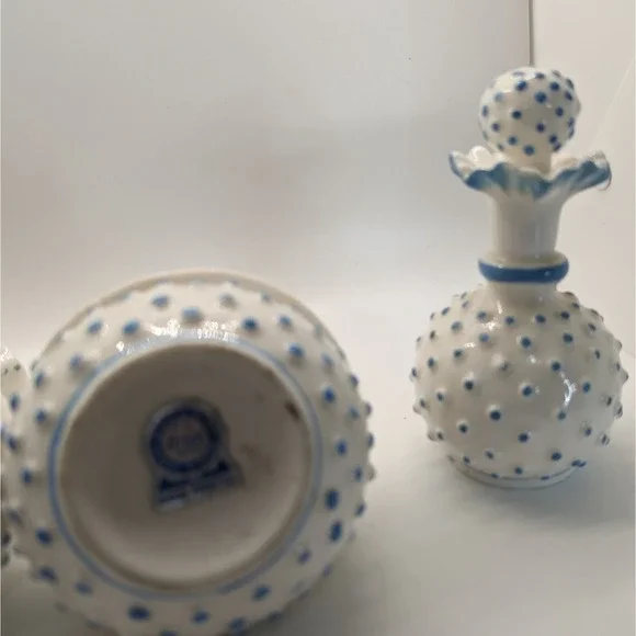 Vintage Blue & White Milk Glass Hobnail (2) Perfume + Trinket Box - Picture 7 of 12